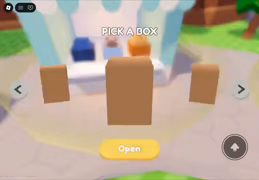 Pick a Box interface with three selectable boxes and an Open button
